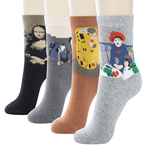 KONY Womens Cotton Fun Art Patterned Casual Socks Famous Artist Painting Novelty Socks 4 Pairs Cool Gift Size 6-9 -Art Painting-1- KONY Womens Cotton Fun Art Patterned Casual Socks Famous Artist Painting Novelty Socks 4 Pairs Cool Gift Size 6-9 -Art Painting-1-