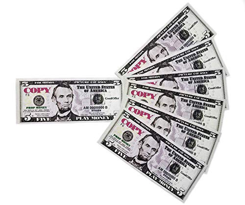 GoodOffer 5 Dollars Play Money  Realistic Prop Money 100 pcs-  Total of 500 Copy Money with Two Sides for Pranks  Games  Monopoly  Educational Pla