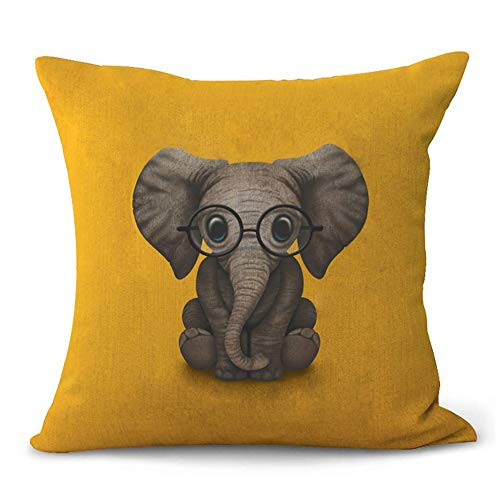 Aremetop Lovely Animals Elephant Baby Wearing Glasses Cotton Linen Home Decor Pillowcase Throw Pillow Cushion Cover with Yellow Background 18 x 18 Inc