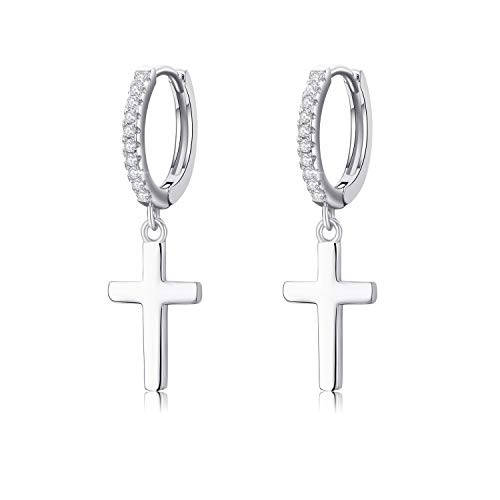 Cross Hoop Earrings 925 Sterling Silver Cubic Zirconia Huggie Hinged Hoop Earrings Dangle Cross for Men Cartilage Hoop Earrall Men Hoop Earrings Hypoa