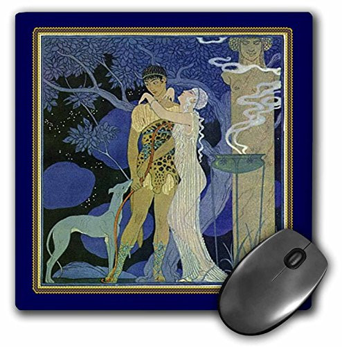 3dRose LLC 8 x 8 x 0-25 Inches Mouse Pad  Art Nouveau Lady Man and Dog in Gold and Navy Frames -mp-43808-1-