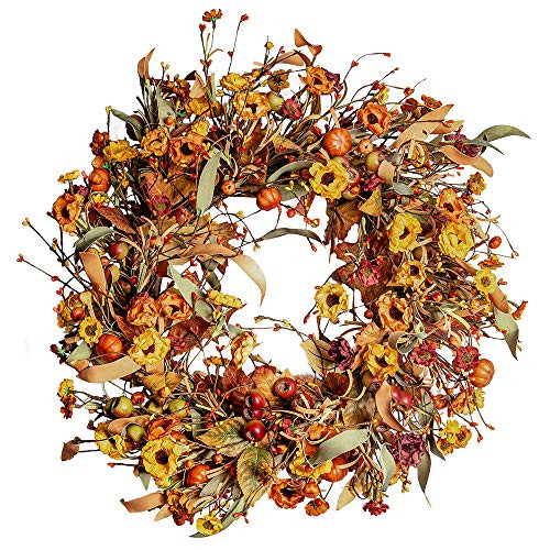 Artificial Fall Wreath 22 Floral Wreath with Berries and Pumpkins Autumn Maple Leaves Wreath for Front Door Wall Window Farmhouse Decor Thanksgiving