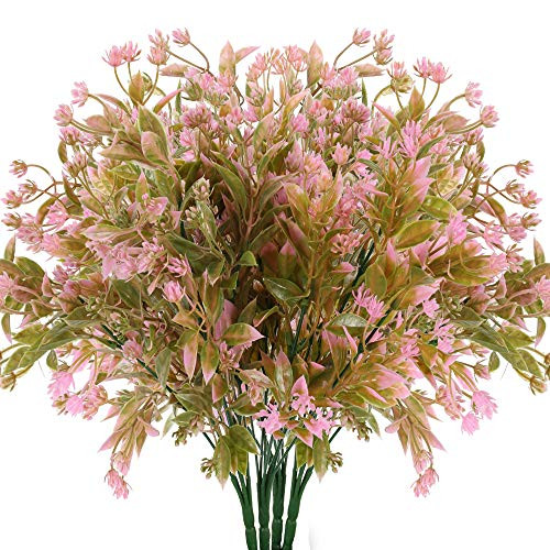 HUAESIN Artificial Fake Flower 4 Pcs Faux Pink Flowers Plastic Bushes Greenery Shrubs Plants Indoor Outdoor for Farmhouse Pot Hanging Planter Home Wed