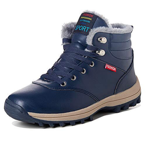 Mens Snow Boots Winter Waterproof Shoes Lace Up Anti-Slip Ankle Outdoor Shoes with Warm Fully Fur Lined -E-Blue  43-