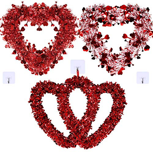 Winlyn Set of 3 Assorted Tinsel Heart Wreaths Valentines Day Red Tinsel Foil Heart Shaped Wreaths Hanging Valentines Wreaths Wedding Wreaths for Fron