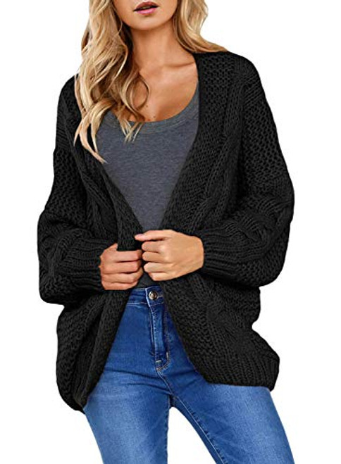 Womens Cardigans Ladies Autumn Warm Cozy Open Front Long Sleeve Chunky Cable Knit Ribbed Cardigan Sweater Large 12 14 Black