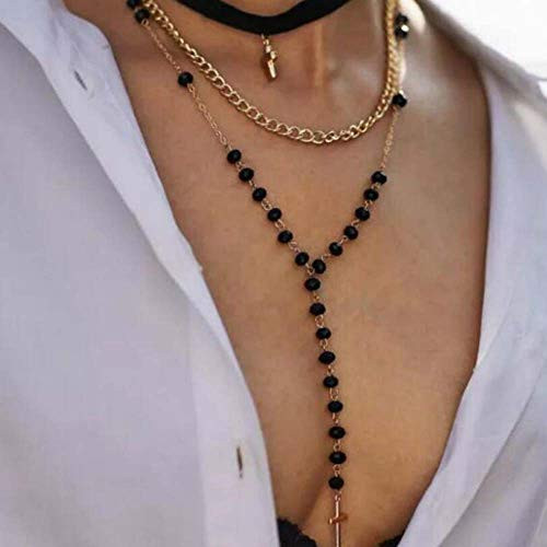 Jovono Fashion MultiLayered Choker Necklace Black Beaded Cross Pendant Necklaces for Women and Girls-Gold- Jovono Fashion MultiLayered Choker Necklace Black Beaded Cross Pendant Necklaces for Women and Girls-Gold-