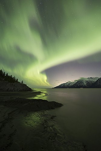 Aurora Borealis dancing above the Chugach Mountains and Turnagain Arm Kenai Peninsula Southcentral Alaska Poster Print -12 x 19-