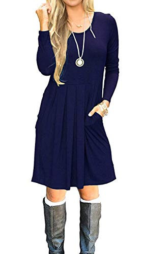 AUSELILY Womens Plus Size Long Sleeve Pleated Loose Swing Casual Dress with Pockets Knee Length -2XL  Navy Blue-