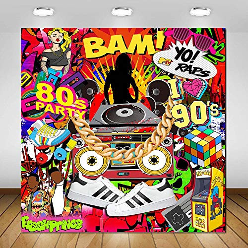 Avezano 6x6ft Hip Hop Party Backdrop Throwback Retro I Love The 80S 90S Graffiti Wall Photo Booth Backdrop for Adults Birthday Party Decoration Disc