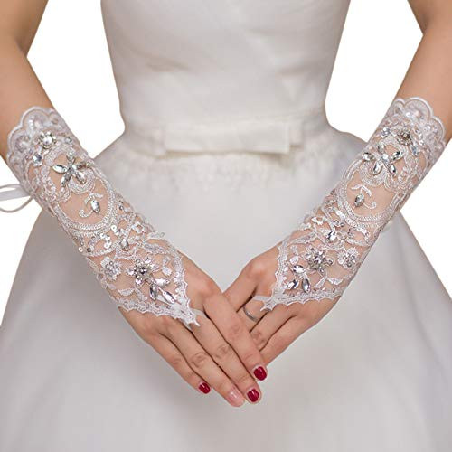 Ayliss Lace Gloves Fingerless Rhinestone Bridal Gloves for Wedding Party -White-