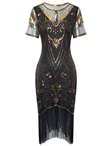 BABEYOND 1920s Flapper Dress Fringe Gatsby Dress Roaring 20s Sequin Beaded Dress -Black Gold  X-Large-
