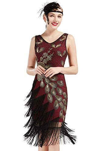 BABEYOND 1920s Vintage Peacock Sequined Dress Gatsby Fringed Flapper Dress Roaring 20s Party Dress -Gold WineRed  XX-Large-