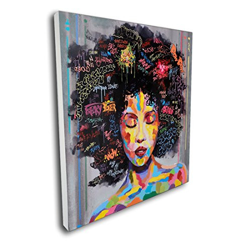 Pinetree Art African American Black Art Canvas Wall Art, Original Designed Pop Graffiti Style Canvas Painting on Print (28 x 28 inch, B Framed)