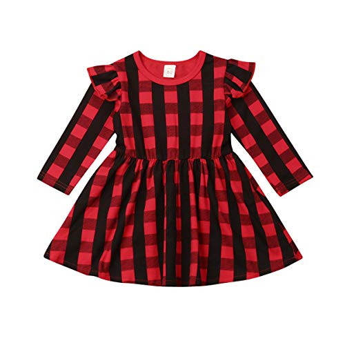 Toddler Baby Girl Christmas Party Ruffle Long Sleeve Plaid Tutu Princess Dress Outfit -6-12Months  Red- Toddler Baby Girl Christmas Party Ruffle Long Sleeve Plaid Tutu Princess Dress Outfit -6-12Months  Red-