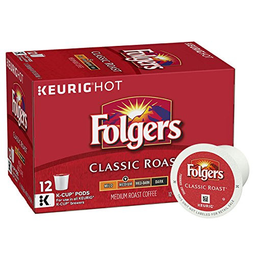 Folgers Classic Roast, Medium Roast Coffee, K-Cup Pods for Keurig K-Cup Brewers, 12-Count (Pack of 6)