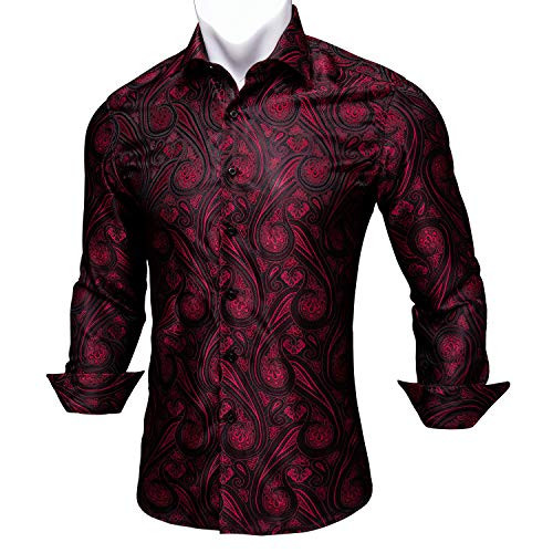 Barry-Wang Men Shirts Paisley Flower Woven Silk Dress Shirt Long Sleeve Formal-Leisure Black Red