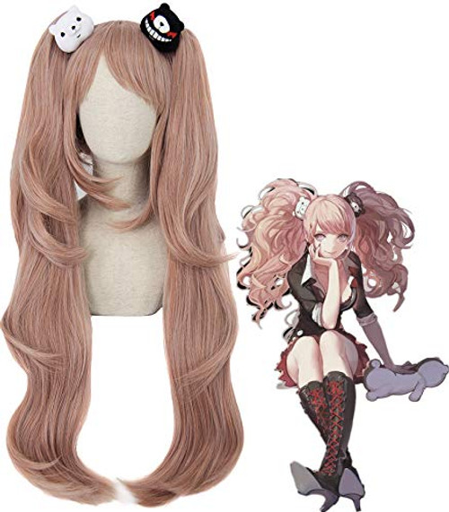 Juziviee Junko Enoshima Cosplay Wigs for Danganronpa Costume Long Pink Hair Wig Anime Harajuku Lolita Cute Synthetic Wigs for Party with 2 Bears AD017