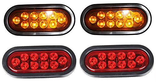 2 Amber 2 RED Oval Oblong 6" Sealed LED Stop Turn Tail Light Kit with Light, Grommet and Plug for Truck Trailer