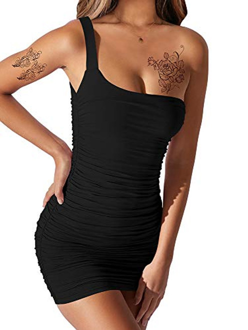 BEAGIMEG Womens Sexy One Shoulder Tank Ruched Mini Bodycon Club Dress Black BEAGIMEG Womens Sexy One Shoulder Tank Ruched Mini Bodycon Club Dress Black