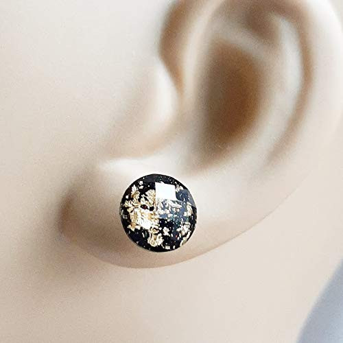 Black Gold Flake Stud Earrings - Hypoallergenic Posts - Titanium