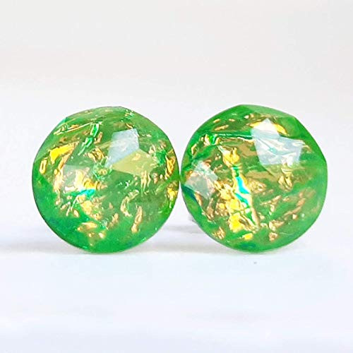Green Gold Fire Opal Resin Stud Earrings - 10mm - Hypoallergenic Titanium Posts