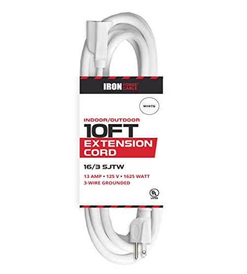 10 Ft White Extension Cord - 16/3 Durable Electrical Cable