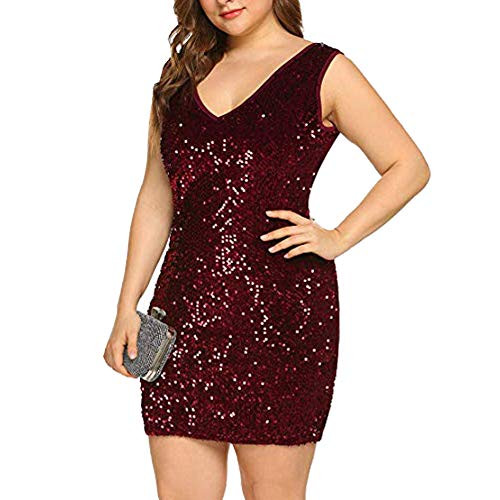 ZPZZ Womens Sequin Dress Plus Size Glitter V Neck Sleeveless Sexy Cocktail Sparkle Bodycon Party Evening Club Formal Mini Dresses Wine Red 1XL
