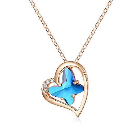 Heart Butterfly Necklaces for Women  Crystal Blue Butterfly Pendant Necklace Butterfly Jewelry Gifts  Dainty 14K Rose Gold Plated Heart Butterfly Char