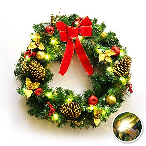 BenefitUSA 24" Christmas Wreath Pre-lit Decorated Pine Artificial Wreath with 20 LED Lights