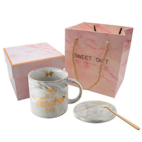 Best Teacher Ever Grey Marble Ceramic Coffee Mug -11-5oz- and Coasters Set - Teacher Gifts - Teacher Appreciation Gifts - Gifts for Teacher - Birthday