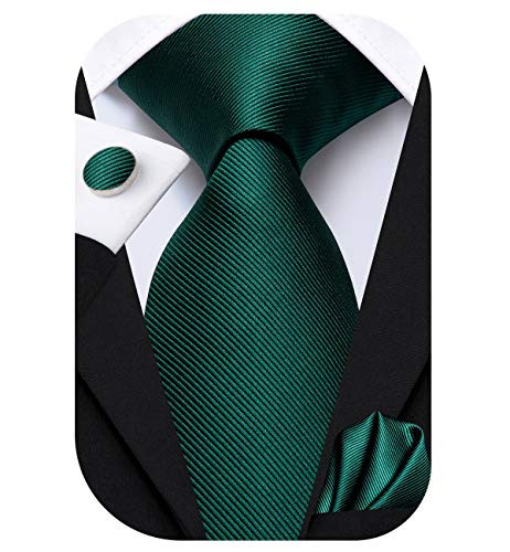 Dubulle Mens Hunter Green Tie and Pocket Square Woven Silk Necktie Set with Cufflinks