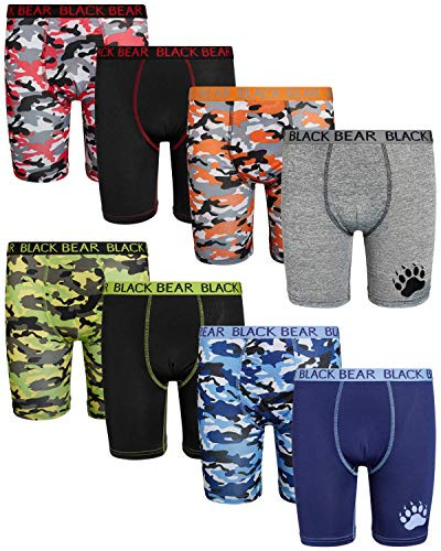 Black Bear Boys Performance Dry-Fit Compression Long Boxer Brief -8 Pack-  Camo-Solids  Size Large -12-14-