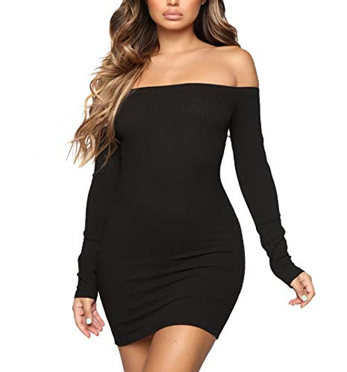 MiiVoo Womens Off Shoulder Long Sleeve Stretchy Sexy Bodycon Party Club Midi Dress -XL  Black-