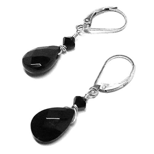 Black Agate Briolette Lever Back Earrings Swarovski Crystal Sterling Silver