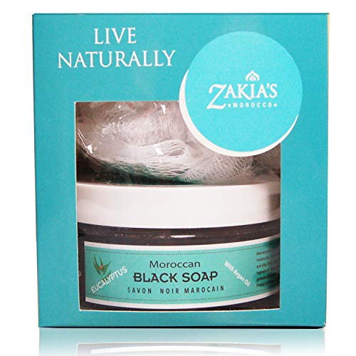 8 oz Moroccan Black Soap - Envigorating Eucalyptus Scent with Added Argan Oil Plus Kessa Exfoliating Glove