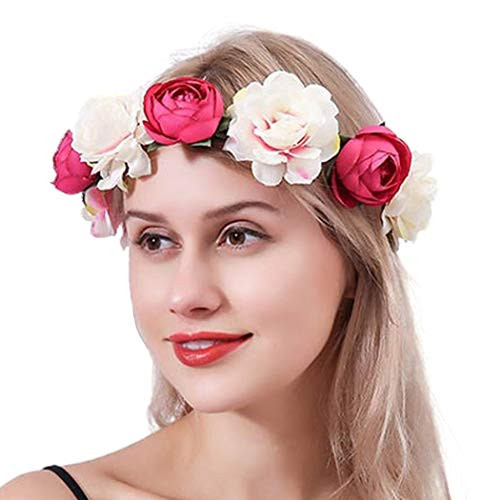 Campsis Bridal Wedding Wreath Bride Flower Headband Rose Garland Hair Wreath Flowers Crown Headpiece for Women and Girls -Rose pink-