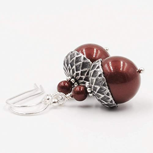 Acorn Earrings with Bordeaux Simulated Pearls from Swarovski  Sterling Silver Earwires Acorn Earrings with Bordeaux Simulated Pearls from Swarovski  Sterling Silver Earwires