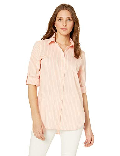 Calvin Klein Womens Poplin Roll-Sleeve Hi-Low Hem Boyfriend Shirt  Nectar-White  Large