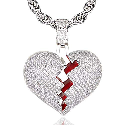 Hip Hop Iced-Out Men Necklace Rapper 18K Gold Plated CZ Fully Bling Bubble Broken Heart Pendant Necklace Chain for Men Women Fashion Jewelry Gifts SEN