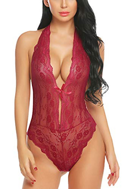 ADOME Lingerie for Women Lace Teddy One Piece Bodysuit V Neck Babydoll
