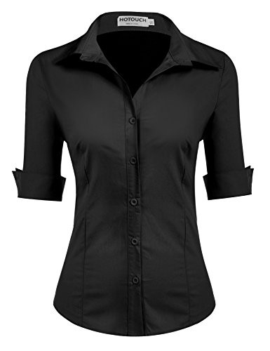 Hotouch Womens Tailored Short Sleeve Basic Simple Button Down Shirt Dress Shirt -Black L-