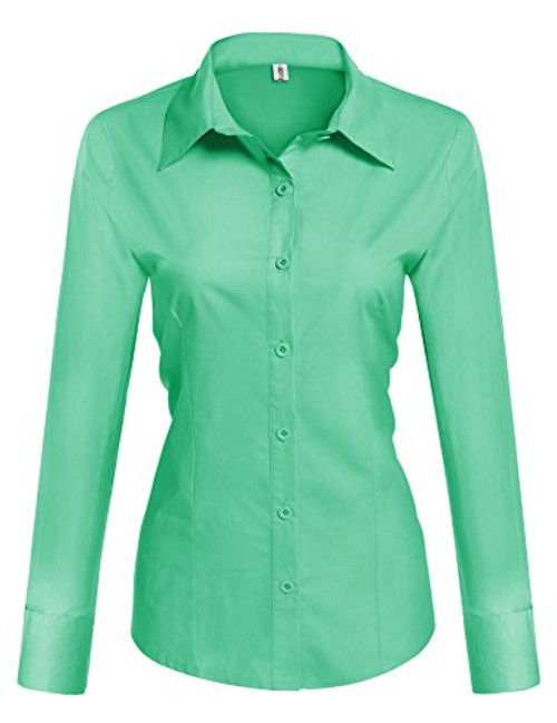 Hotouch Womens Collared Button Down Shirts Casual Blouse Long Sleeve Dress Shirt -Green L-