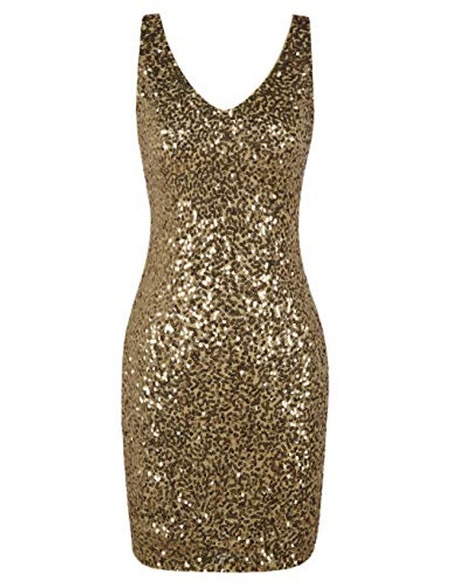 kayamiya Womens Night Out Dress Sparkle Sequin V Neck Bodycon Club Dress M Gold