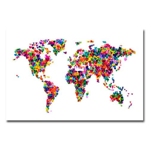 Love & Hearts World Map by Michael Tompsett, 22x32-Inch Canvas Wall Art