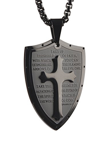 Starmond Cross Necklace for Men Shield Armor of God Ephesians 616-17 Faith Cross Jewelry Stainless Steel Pendant Black Plating with 24 inch Chain