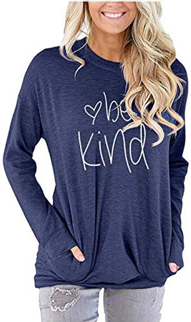 Womens Be Kind Crewneck Sweatshirt Casual Cute Long Sleeve Loose Fitting Fall Tops T Shirt with Pockets-B-Navy M- Womens Be Kind Crewneck Sweatshirt Casual Cute Long Sleeve Loose Fitting Fall Tops T Shirt with Pockets-B-Navy M-