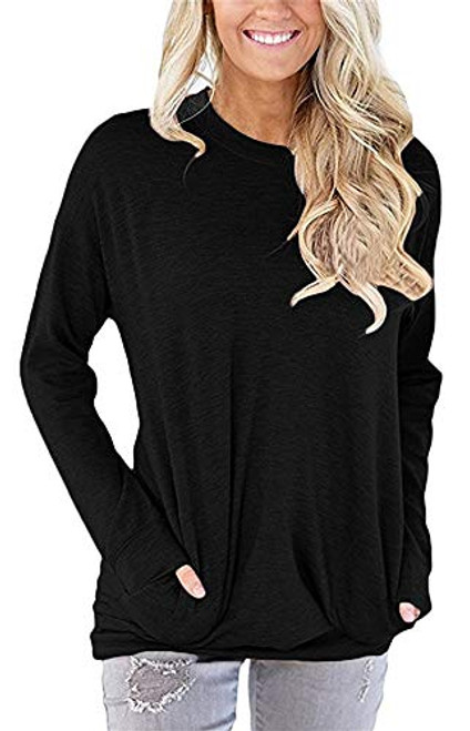 Womens Sweatshirts Long Sleeve Pullover Tshirt Pockets Casual Loose Blouse Tops-BK M- Black Womens Sweatshirts Long Sleeve Pullover Tshirt Pockets Casual Loose Blouse Tops-BK M- Black