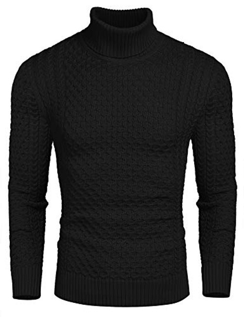 COOFANDY Mens Slim Fit Turtleneck Sweater Casual Knitted Twisted Pullover Solid Sweaters Black