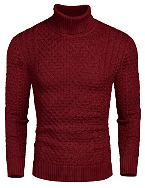 COOFANDY Mens Slim Fit Turtleneck Sweater Casual Knitted Twisted Pullover Solid Sweaters Wine Red